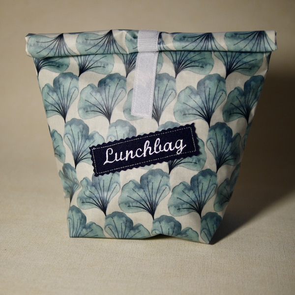 Sac à lunch, boîte à lunch avec ginkgo blanc bleu, sac en toile cirée feuilles japonaises, sac à goûter, sac à goûter avec patch, motif japonais