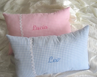 small cuddly pillow Vichy check pink or light blue, personalized, name pillow, embroidered pillow, embroidery, gift for birth, baptism