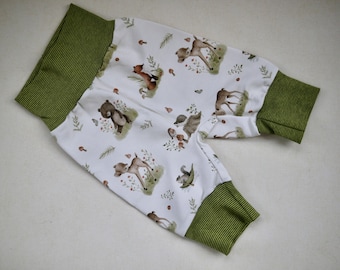 Baby jersey pants, rompers, bloomers, harem pants FOREST ANIMALS size. 62/68, gift for a birth, jersey trousers teddy, fox, deer, hedgehog