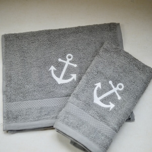 Maritime guest towel, shower towel, embroidered with ANCHOR, taupe-white, mud colors, cotton towel, terry towel, embroidery image 1