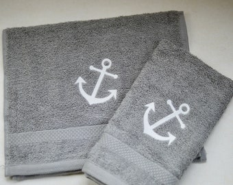 Maritime guest towel, shower towel, embroidered with ANCHOR, taupe-white, mud colors, cotton towel, terry towel, embroidery