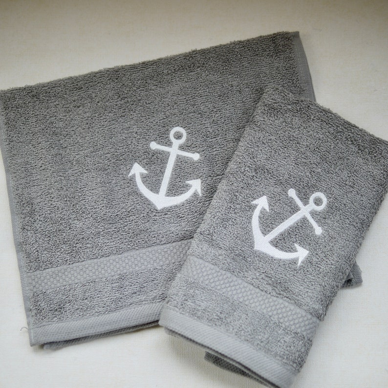 Maritime guest towel, shower towel, embroidered with ANCHOR, taupe-white, mud colors, cotton towel, terry towel, embroidery image 7