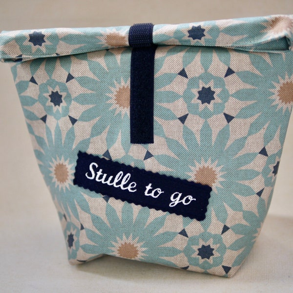 Lunchbag Blumen beige-türkis-blau, Wachstuchtasche, Lunchbox, Frühstücksbeutel, Vespertüte, Brotzeitbeutel