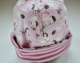 Children's reversible beanie, hat, baby hat girls, head circumference (KU) approx. 46-50 cm, reversible hat, rabbit hedgehog stripes pink-pink