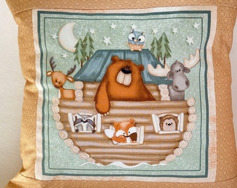 Reversible cushion cover 40 x 40 cm forest animals on ark ship, cushion cover, cushion cover cotton fabric, children's pillow, animals, moose, bear, fox, hedgehog