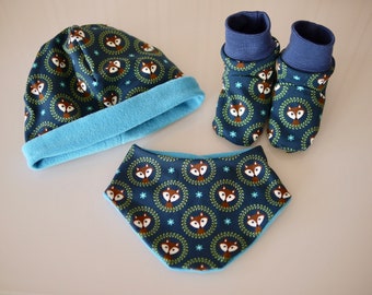 Baby gift set: baby hat + baby scarf + booties FOX, unisex baby clothing, birth gift