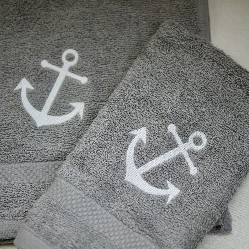 Maritime guest towel, shower towel, embroidered with ANCHOR, taupe-white, mud colors, cotton towel, terry towel, embroidery image 6
