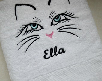 white towel or shower towel CAT cat head, personalized bath towel, beach towel, sauna towel, gift for cat lovers