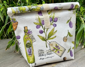 Lunch bag, lunch box motif olives, olive tree, olive oil, Tuscany, oilcloth bag, snack bag, wet bag, gift