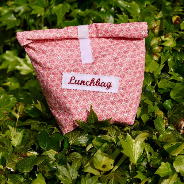 Wachstuch Tasche, Lunchbox, Lunchbag Ornamente rosé-senfgelb, für Schule, Arbeit, Uni, Ausflug, Brotzeit Vesper Frühstück Stulle