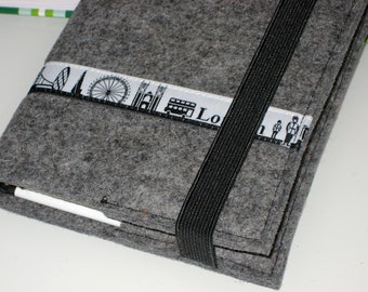 Notebook A6, A5, A4 with book cover made of wool felt Skyline LONDON, notebook London, book cover, felt cover, felt cover gray, diary