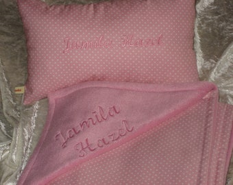 personalized baby wool blanket and pillow pink dots, baby blanket embroidered with name, cuddly blanket, birth gift,