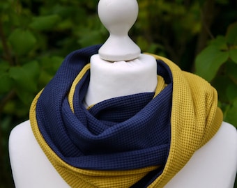 Women's/men's jersey loop made of waffle piqué, dark blue-yellow, scarf, tube scarf, neckerchief, cotton, modern, maritime, simple