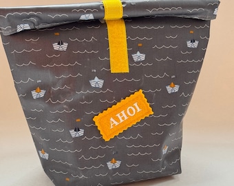 maritime lunch bag, lunch box with ship, paper ships, oilcloth bag, sandwich to go, anchor bag, snack bag, snack bag grey-colored