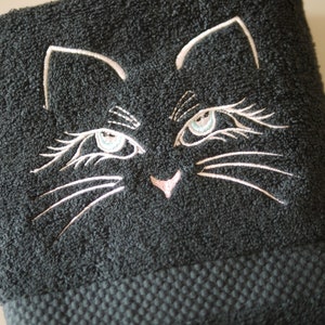 grey towel CAT, cat head, embroidered towel, embroidered cat, embroidery, embroidered picture cat, sauna towel cat, beach towel, bath towel