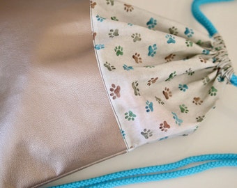 Backpack PAWS, paws, paws, made of faux leather and cotton fabric, bag, gym bag, backpack bag, bag
