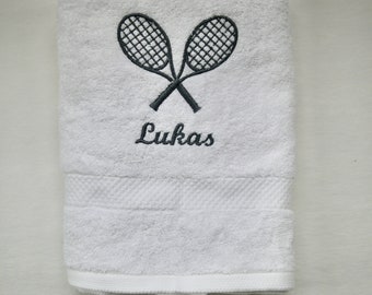 white embroidered towel shower towel guest towel tennis, tennis racket, personalized, sports towel, sauna towel, bath towel, gift idea