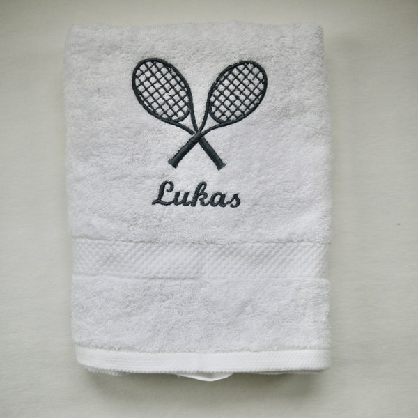 white embroidered towel shower towel guest towel tennis, tennis racket, personalized, sports towel, sauna towel, bath towel, gift idea