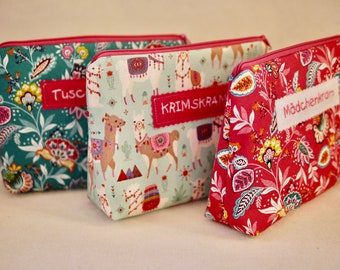 small cosmetic bag, also personalized, fabric bag, make-up bag, floral bag with patch