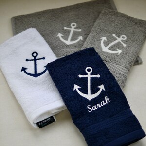 Maritime guest towel, shower towel, embroidered with ANCHOR, taupe-white, mud colors, cotton towel, terry towel, embroidery image 4