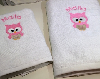 white children's towel, shower towel with name, pink, OWL, personalized, beach towel, bath towel, bath towel, embroidered, embroidery