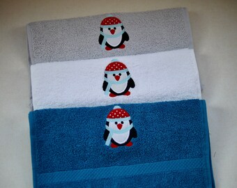 embroidered towel, shower towel, embroidered PENGUIN, children's towel, gift for children, penguin fan, gift idea towels