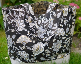 noble shopper, black and gray floral, bathing bag, large women's handbag, shopping bag, handmade bag, women's handbag, gift idea for woman