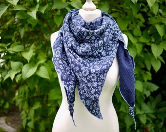 L & XL triangular scarf made of muslin floral blue - 2 sizes, neckerchief muslin, cotton, scarf, stole for women