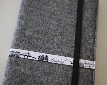 Notebook with book cover wool felt Skyline Hamburg, book cover felt, felt cover, diary, sketchbook, DIN A 4, DIN A 5, DIN A 6, gray