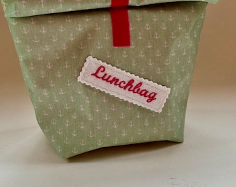 maritime lunch bag ANCHOR, lunch box, oilcloth bag, snack bag, lunch bag, with embroidery, also personalized, mint-white