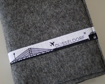Notebook with book cover, wool felt, skyline DÜSSELDORF, book cover felt in 3 sizes, diary, notes, travel diary gray gift