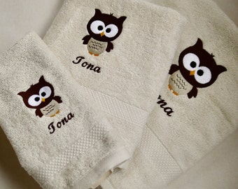 personalized towel OWL, cream-brown, children's towel with name, bath towel, beach towel, sauna towel, gift, child, adult