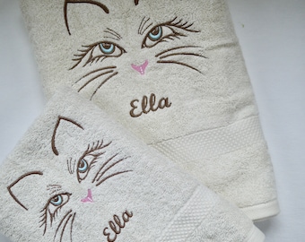 cream colored towel or shower towel CAT cat head, personalized bath towel, beach towel, sauna towel, gift for cat lovers