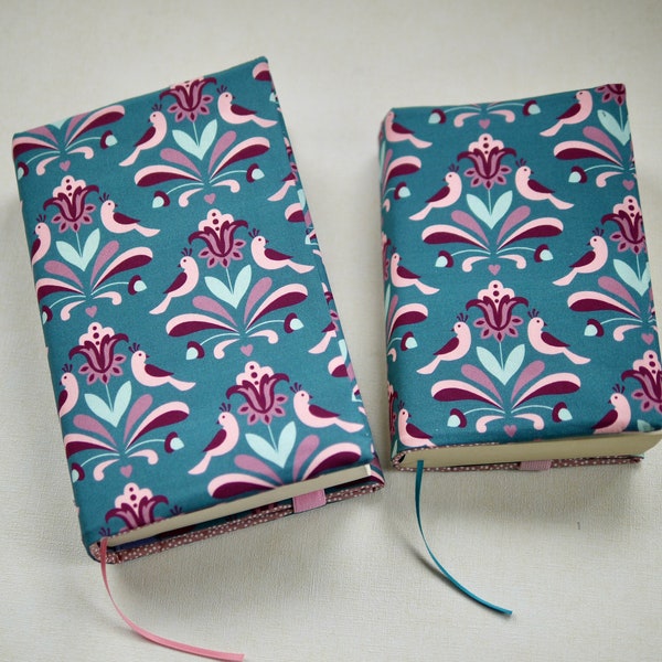 Buchhülle für Taschenbücher/gebundene Bücher Vögel, Blumenornamente, Buchumschlag aus Stoff, Büchertasche petrol  rosa bunt