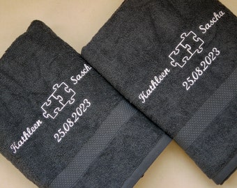 2 hand towels or shower towels for the wedding personalized PUZZLE