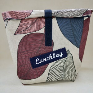 Lunch bag LEAVES with patches or personalized, lunch box, oilcloth bag for lunch, snack, snack, breakfast, wet bag Weinrot-Blau
