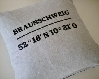 40 x 40 cm cushion cover COORDINATES BRAUNSCHWEIG, cushion cover city coordinates, cushion linen cotton, cushion cover grey, gift