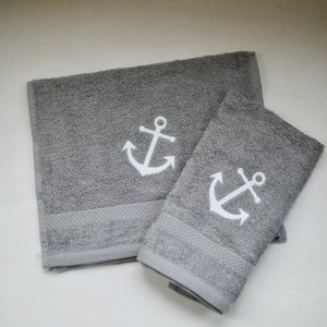 Maritime guest towel, shower towel, embroidered with ANCHOR, taupe-white, mud colors, cotton towel, terry towel, embroidery image 5