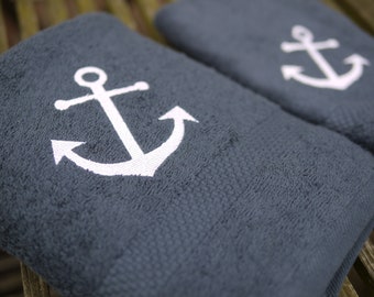 gray maritime guest towel, shower towel ANKER, cotton towel, Ökotex 100, terry towel, embroidered, embroidery