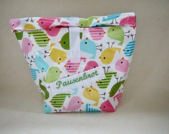 Lunch bag colorful BIRDS, personalized, lunch box with name, snack bag, snack bag, bag for breakfast school, university, work