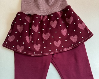 Baby jersey pants for girls with skirt, rompers, bloomers, harem pants HEARTS wine red size. 68/74, birth gift, jersey pants