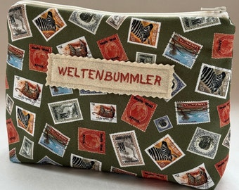 bolsa pequeña WELTENBUMMLER, botiquín de primeros auxilios o bolsa de cosméticos, personalizada, bolsa de tela, bolsa de maquillaje, bolsa de documentos de viaje