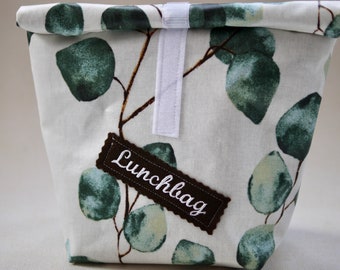 Lunchbag, Lunchbox Motiv Eukalyptusblätter, Eukalyptus, Zweige, Blätter, Wachstuchtasche, Brotzeitbeutel, Vespertasche mit Aufnäher Lunchbag