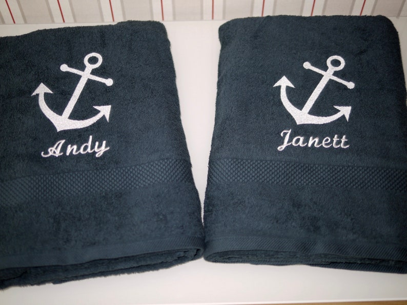 maritime towel/bath towel/guest towel ANCHOR personalized, dark grey, anthracite, embroidered with name, embroidery, anchor embroidery image 2