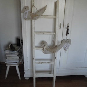 137 cm historical WOODEN LADDER in light ivory tone