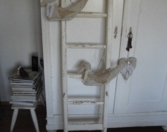 137 cm historical WOODEN LADDER in light ivory tone