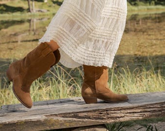 Stivali da cowboy da donna – stivali western in pelle, stile boho, marrone classico