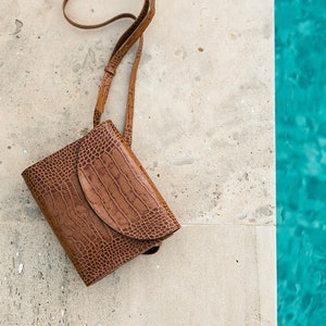 Retro crossbody bag, brown embossed crocodile genuine leather postman bag, minimalistic & timeless design, messenger bag image 7