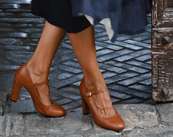 Escarpins Mary-Jane, chaussures en cuir véritable marron cognac, chaussures à talons hauts rétro, chaussures de mariée rétro, amoureux de la nature