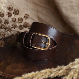 Wide Brown Leather Belt: Women&#39;s Waist Belt with Gold Buckle